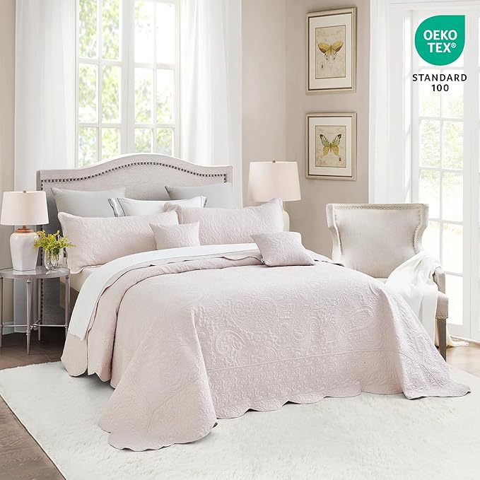 Oversized King Bedspread 138x122 Extra Wide, Ultrasonic Lightweight Bedding Cover, Paisley Pattern, Reversible, 5 Piece, 100% Microfiber, California/Alaskan King, Gray Lilac