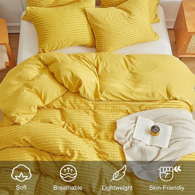 WARMDERN Boho Duvet Cover Set King Size,Yellow Striped Duvet Cover Microfiber Bedding Set,3PCS Ultra Soft Breathable Lightweight Tuft Texture Pattern Duvet Covers with Zipper Closure(Yellow,King)