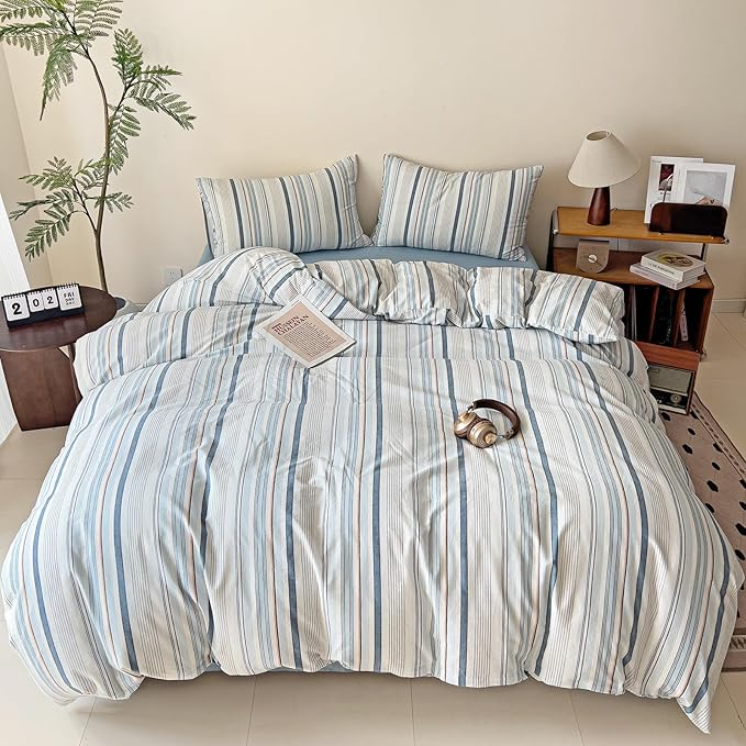 VM VOUGEMARKET Blue Striped Duvet Cover Set Queen 100% Washed Cotton Bedding Set 3 Piece Colorful Pinstripes Comforter/Quilt Cover with Zipper Closure Corner Ties,Modern Cozy
