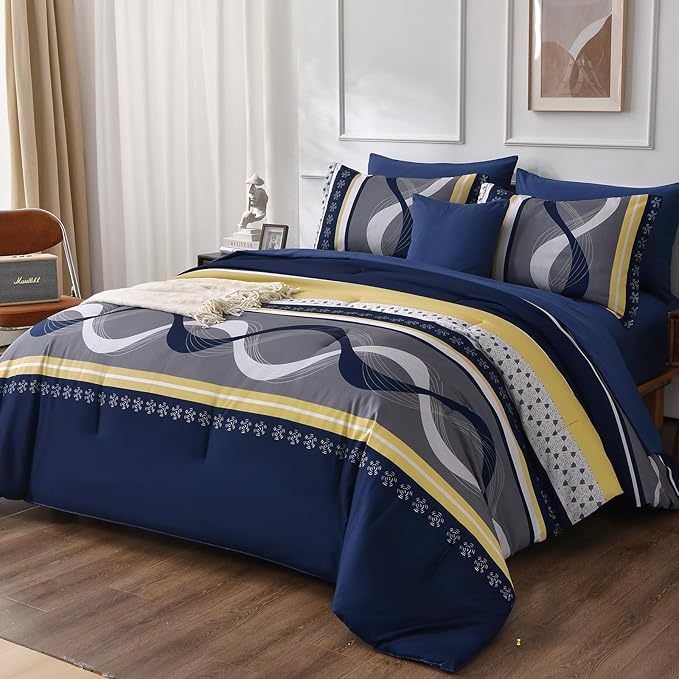 Anibedding Striped Comforter Set Queen Size,8 Pieces Bed in a Bag Navy Blue Yellow Patchwork Bedding Sets,Boho Soft Microfiber Bedding Set for All Season(90"×90")