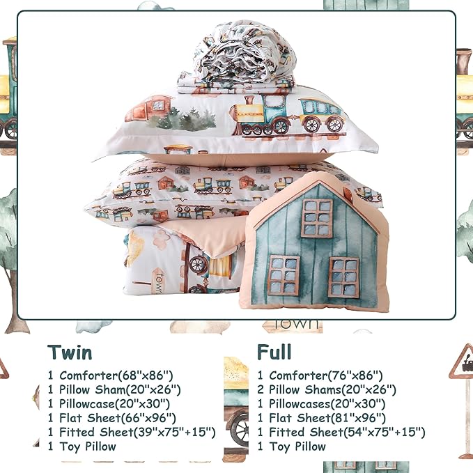 Mooreeke Kids Full Comforter Sets for Boys 8 Pieces Train Bedding Set for Teens Microfiber Country Train Town Kids Bed in A Bag with Comforter, Sheet Set, Shams and Decorative Toy Pillow All Season