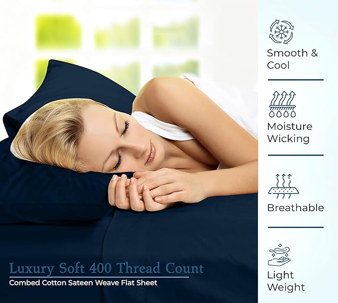 400 Thread Count 100% American Grown Cotton Flat Sheet - Cooling Sheets - Queen Sheets - Luxury Sateen Weave - Queen Flat Sheet Sold Separately - Navy Flat Sheet Only (Queen, Rivera Navy)