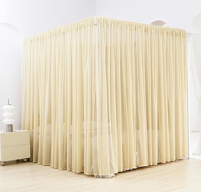 Akiky Canopy Bed Curtains 8 Panel Bed Curtains Drapes for Full Queen Size Bed Sheer Canopy Bed Drapes with Lights(Khaki)