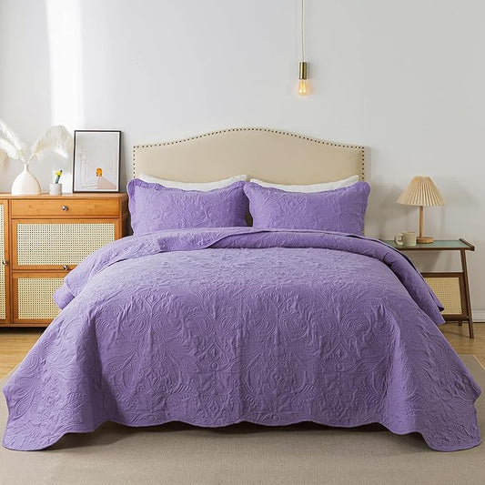 HoneiLife Queen Quilt Bedding Set - 3 Piece Microfiber Quilt Sets Lightweight Bedspreads Reversible Coverlets Rustic Bed Cover Floral Bedding Set All Season Quilts-Purple