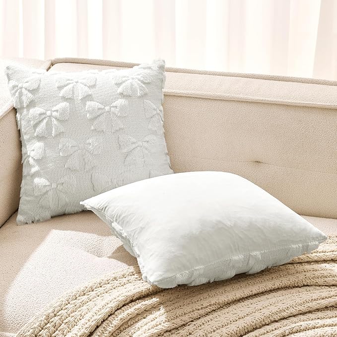 MIULEE Pure White Bow Pillow Covers Coquette Room Decor Aesthetic Set of 2 Decorative Cute Girl Vlentine Pillow Covers Spring Soft Plush Faux Pillowcase for Preppy Room Decor Bedroom Couch,20x20 Inch