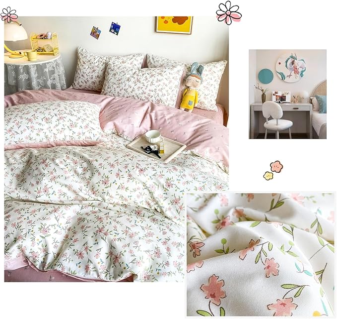 HighBuy Soft Cotton Floral Duvet Cover Twin White with Pink Floral Print,Garden Style Coquette Bedding Comforter Cover Bedding Set,Cottagecore Duvet Cover Set -1 Twin Duvet Cover,2 Pillowcases