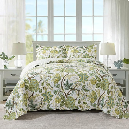 Travan 3-Piece Quilt Set Quilted Bedspread Cotton Coverlet Set Floral Oversized Quilted Bedding Set for All Season, White Vine, Queen Size