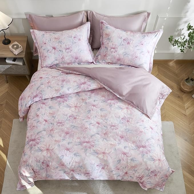 OAITE Duvet Cover Set Twin Size Floral Pattern 600 Thread Count Ultra Soft 100% Long Staple Cotton Duvet Cover Sets 3-PC, Breathable Duvet Cover with Zipper Closure & Corner Ties