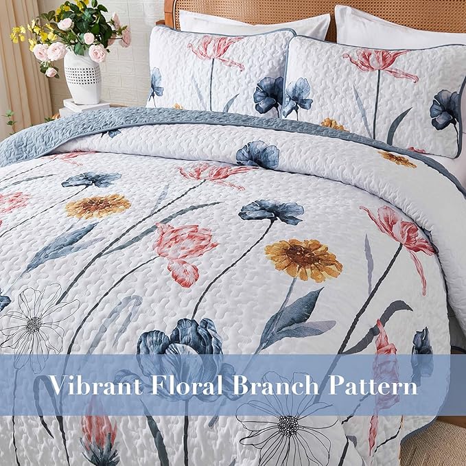 WONGS BEDDING King Set Quilt Set Floral,3 Pieces Blue & Pink Bedspread Coverlet Set Botanical Bedspreads Bed Cover，Quilts Soft Lightweight Farmhouse Flower Bedding Set for Spring Summer(104"x90")