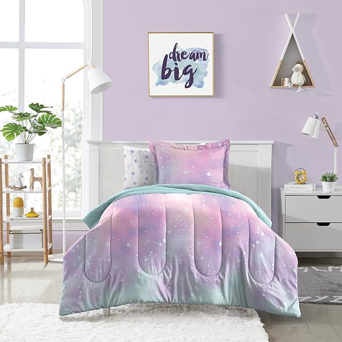 Dream Factory Kids 7-Piece Complete Bed Set Easy-Wash Super Soft Microfiber Comforter Bedding, Full, Pink Twilight Galaxy Stars