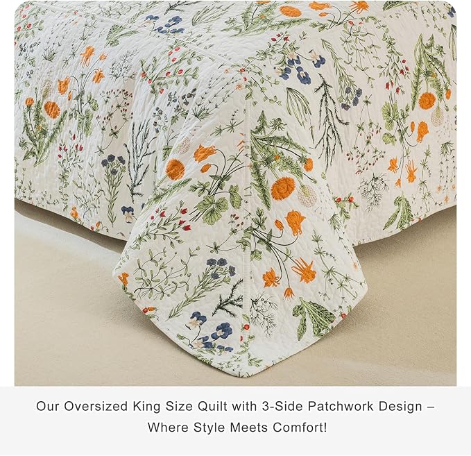 QSH 3Pcs Oversized King Quilt Set(120"x120"),100% Cotton Floral Bedspreads Bedding California King Yellow Flower Leaves Plant Botanical Printed Bedspread Coverlet Spring Lightweight Soft Bed Set