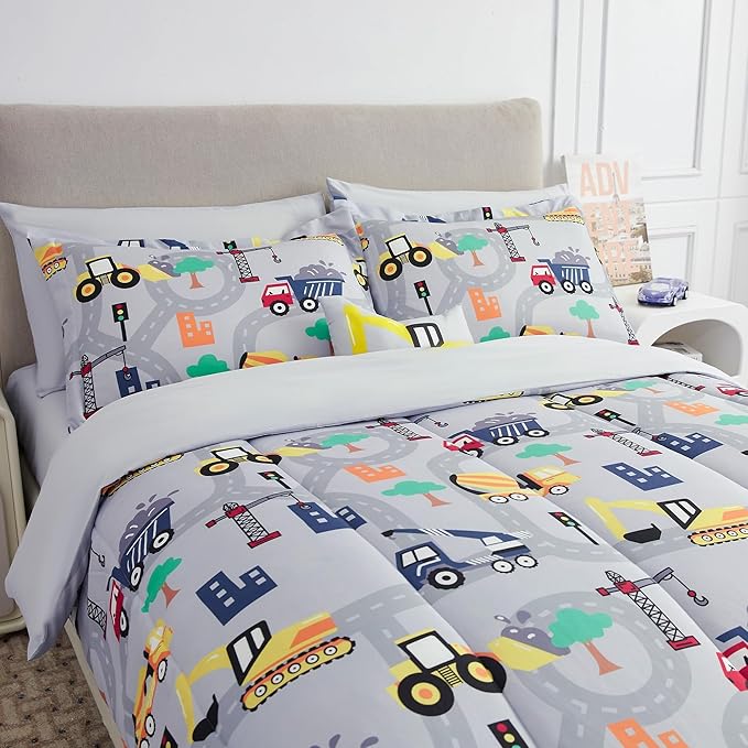 Mooreeke Kids Twin Comforter Sets for Boys 6 Pieces Excavator Grey Bedding Set for Teens Soft Microfiber Kids Bed in A Bag with Comforter, Sheet Set, Shams and Decorative Toy Pillow All Season