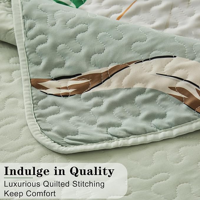 Yogeneg Queen Quilt Bedding Set,White Botanical Pattern Sage Green Full/Queen Quilt Set,3 Piece Lightweight Soft Summer Bedspread Coverlet with 2 PIillow Shams,All Season(Sage Green,90"x96")