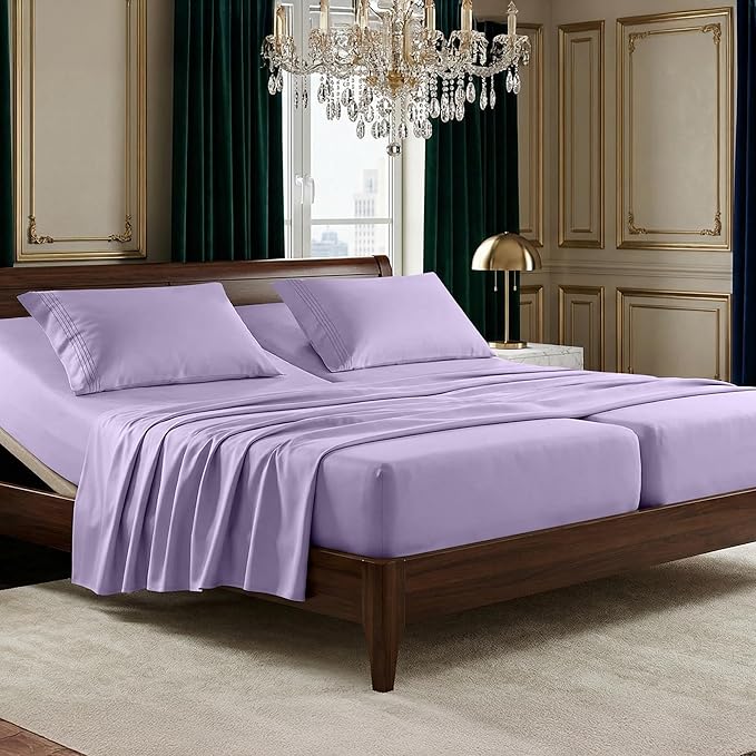 Elegant Comfort Luxurious 1500 Premium Hotel Quality Microfiber Three Line Embroidered Softest 5-Piece Bed Sheet Set, Wrinkle and Fade Resistant, Split King, Lilac