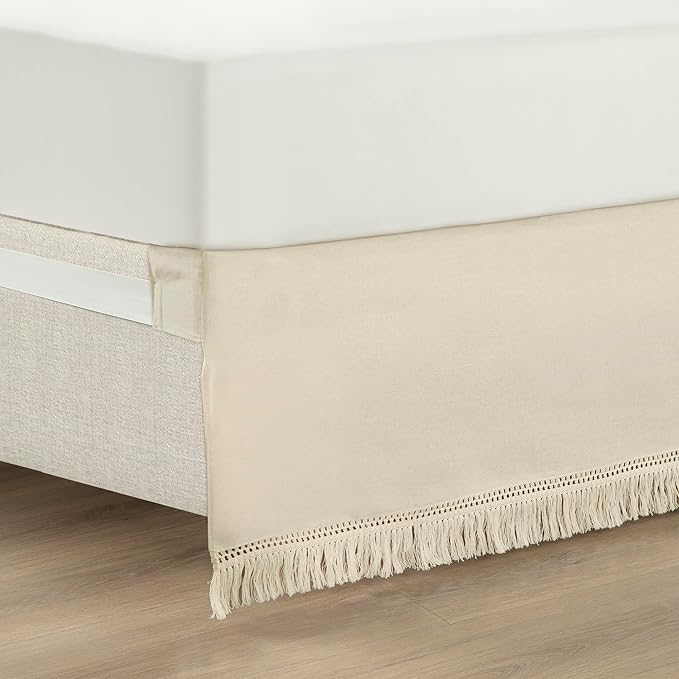 Lush Decor Boho Fringe 15-Inch Tailored Drop Easy Fit Bed Skirt Queen Size Single 60" W x 80" L +15" Neutral - Queen Bed Skirt - Wrap Around Bed Skirt