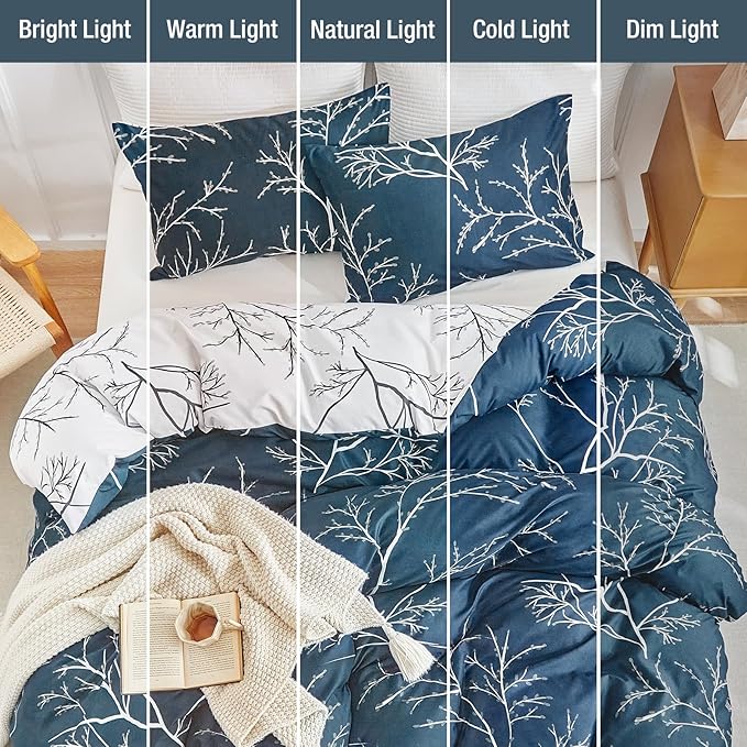 Lekesky Reversible Duvet Cover Queen Size, Dark Blue White Thin Branch Comforter Covers Queen 3pc Ultra Soft Microfiber Breathable Stylish Bedding Sets with Zipper Ties
