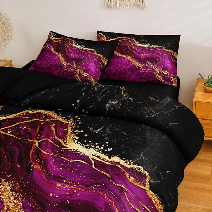 Black Gold Comforter Set 8 Pcs Hot Pink Marble Bedding Set King Size Bed in A Bag Purple and Black Marble Stone Texture Abstract Room Decor Black Marble Bed Comforter