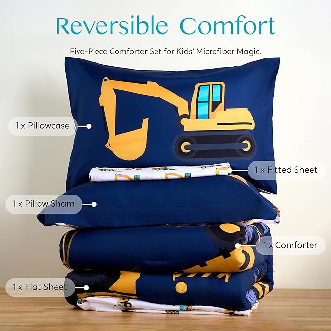 Joiedomi Kid Twin Comforter Set 5 Piece Construction Vehicle Bedding Set for Boys Girls Super Soft Microfiber Bed in a Bag with Comforter Sheets Pillowcase Sham