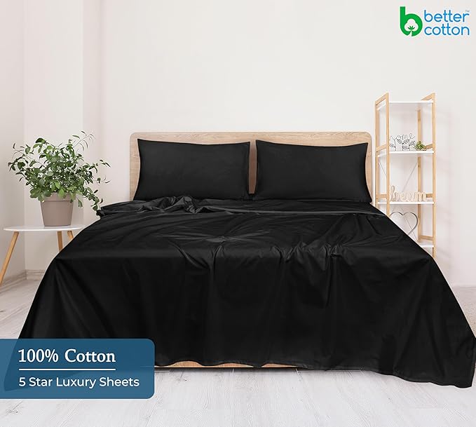 Royale Linen 400 Thread Count 100% American Grown Cotton Flat Sheet - Cooling Sheets - Full Sheets - Luxury Sateen Weave - Full Flat Sheet Sold Separately - Black Flat Sheet Only (Full, Night Black)