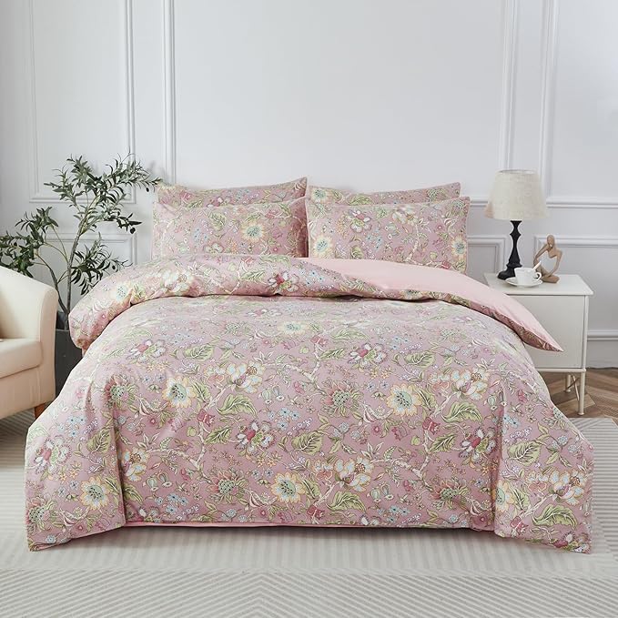 URBONUR King Duvet Cover Set Soft 100% Cotton Floral Bedding Sets Blush Pink Wildflower Comforter Cover, Button Closure and Corner Ties (3Pcs, Vintage Floral, King)
