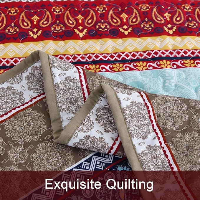 WONGS BEDDING Boho Quilt Set Queen Size, Brown Bohemian 3 Pieces Quilt Bedding Sets, Lightweight Microfiber Bedspread Coverlet Set for All Season (96"x90")