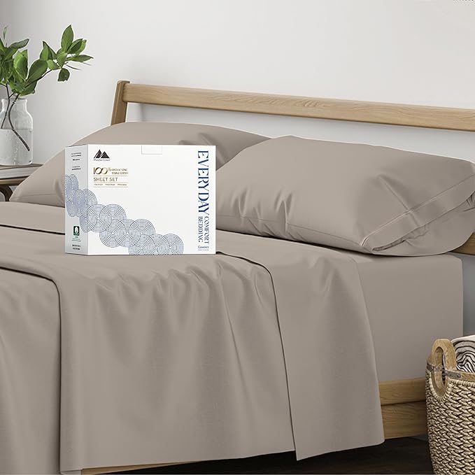 Mayfair Linen 100% Organic Cotton Sheets Full Size - 4 PC Organic Cotton Full Size Percale Weave Sheet Set, Soft, Cooling, Crisp & Breathable, 16" Deep Pocket Hotel Quality Bedding Set - Taupe