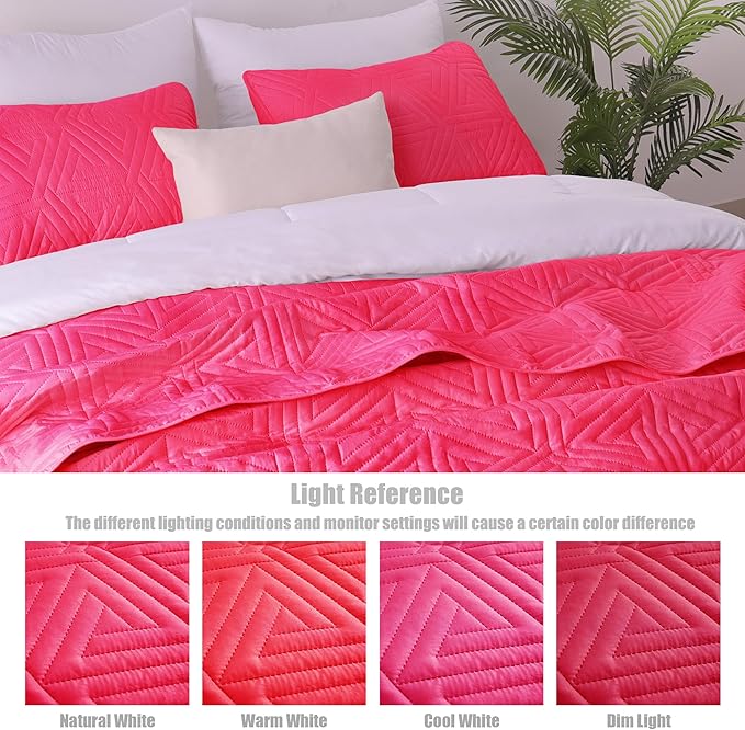 Whale Flotilla Soft King Size Quilt Set for All Seasons, 3-Piece Ultrasonic Geometric Quilts Bedding Set, Lightweight Reversible Bedspread, Coverlet, Bed Cover with 2 Pillow Shams, Hot Pink