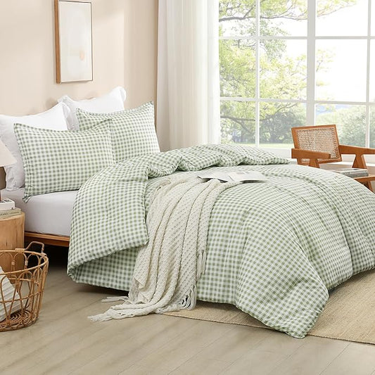 Andency Sage Gingham Comforter Set Queen(90x90Inch), Green Checkered Grid Plaid Buffalo Bed Set for Girls Boys Kids Teens, 3 Pieces Lightweight Microfiber Geometric Preppy Bedding