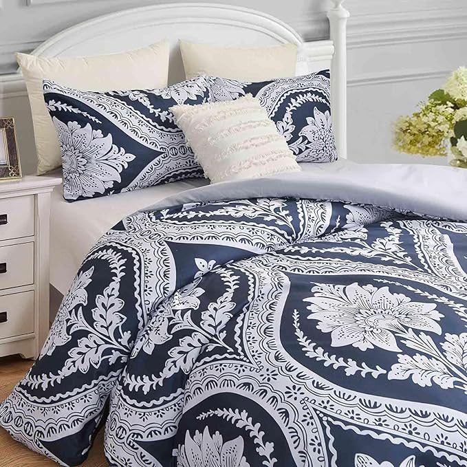 Nanko Boho Duvet Cover Set Queen Size, Navy Blue White Floral Damask Print Pattern, Soft Microfiber Reversible Comforter Bedding Cover Zip Ties - Vintage Bohemian Farmhouse for Women Men, 3 Pcs 90 x90