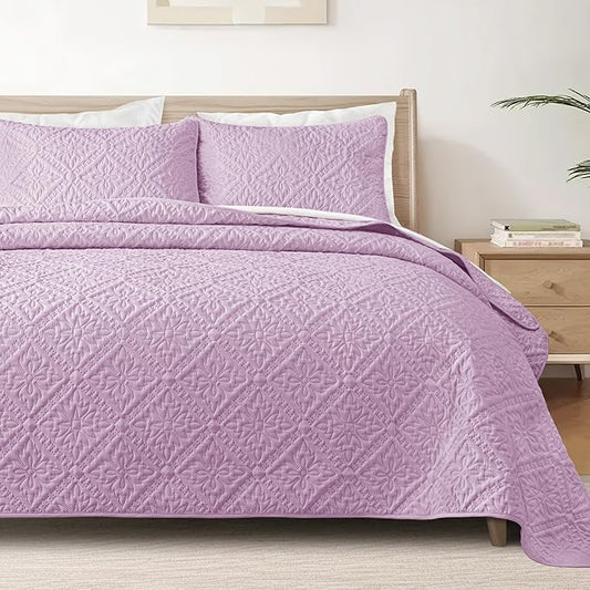 Exclusivo Mezcla King Quilt Bedding Set, Lightweight Soft Bedspreads Coverlets with 2 Pillow Shams, Modern Lilac Oversized Quilts King Size for All Seasons