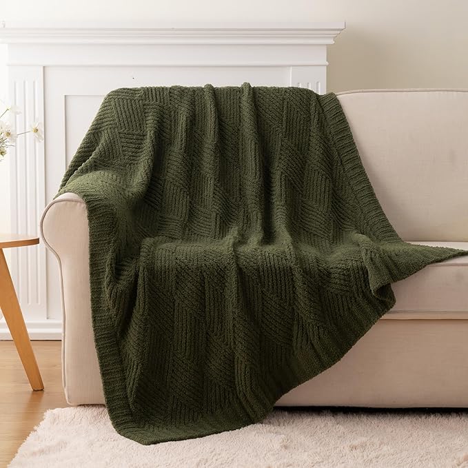 Battilo Olive Green Diamond Knit Throw Blanket for Couch and Bed, Soft Textured Chenille Blanket, Cozy Lightweight Decorative Blanket for Sofa, 50"x60"