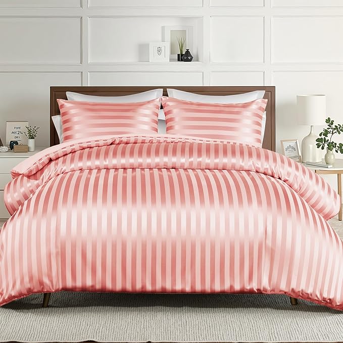 Whale Flotilla 3-Piece Reversible Silky Soft King Size Comforter Set, Luxury Stripe Satin Oversized Comforter Bedding Set with 2 Satin Pillowcases, Lightweight Duvet for All Seasons, Pink