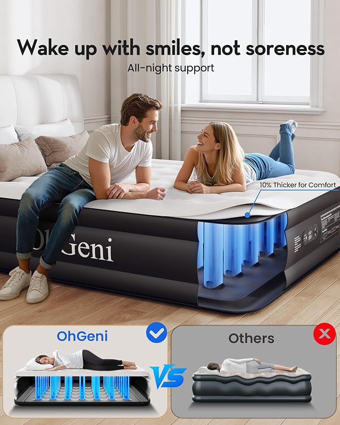 OhGeni Queen Air Mattress with Built in Pump, Inflatable Mattress Blow Up Mattress 18 Raised Comfort,Upgraded Surface Portable Bed, Air Bed for Home, Guest, Camping, Colchone Inflable, 650 lbs