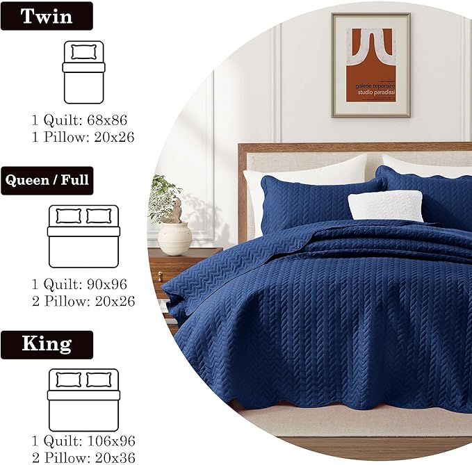 MOONLIGHT20015 California King 8 Pack Quilt Bedding Set Size (118"x106") + 2 Pillow Shams (20" x 36"+ 2") - 3 Pcs All Season Reversible Microfiber Coverlet Embossed Quilt Bedspread (Navy)