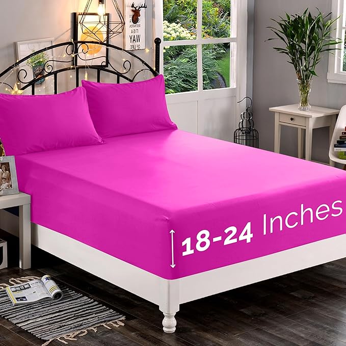 Elegant Comfort 1500 Premium Quality Fitted Sheet Ultra Soft 18-24 Inch Extra Deep Pocket - Single Fitted Sheet for High Mattress - Wrinkle Free with Smart Storage Pockets, Full, Hot Pink
