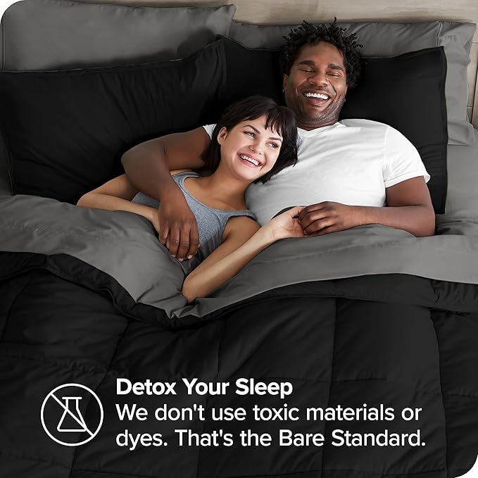 Bare Home Bed-in-A-Bag 7 Piece Comforter & Sheet Set - Queen - Goose Down Alternative - Ultra-Soft 1800 Premium Bedding Set (Queen, Black/Grey)