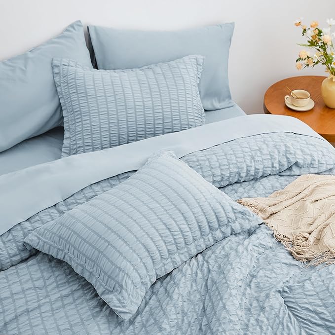 Love's cabin Seersucker Light Blue Queen Comforter Set, 7-Piece All Season Lightweight Bed in a Bag Bedding Set with Comforter, Flat Sheet, Fitted Sheet, Pillowcases and Shams | Soft, Breathable, Lightweight