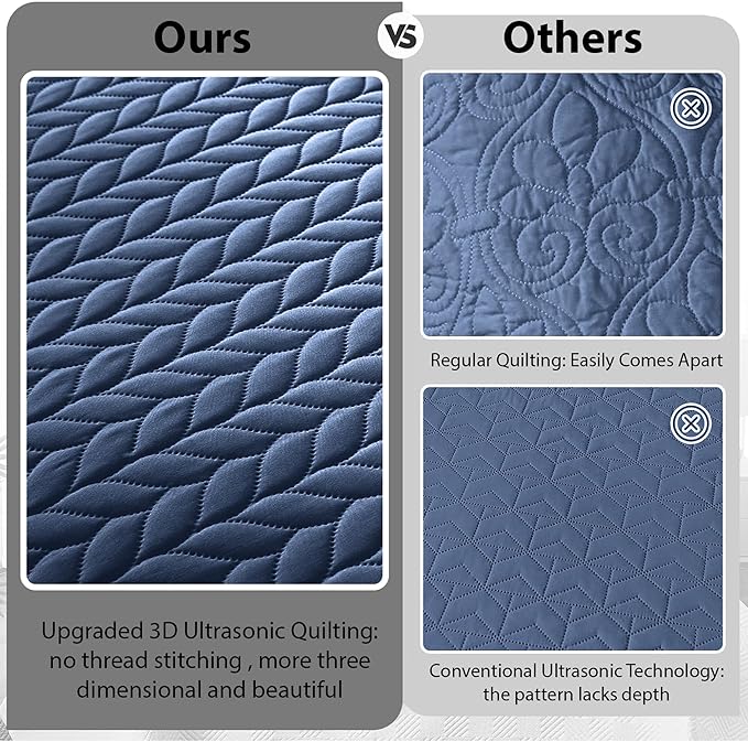 MOONLIGHT20015 Bedspreads Quilts Queen Size Bedding Set (90" x 96") - 2 Pillow Shams (20" x 26"+ 2") - Lightweight All Season Reversible 3 Pcs Microfiber Coverlet Embossed Quilt (Washed Blue)