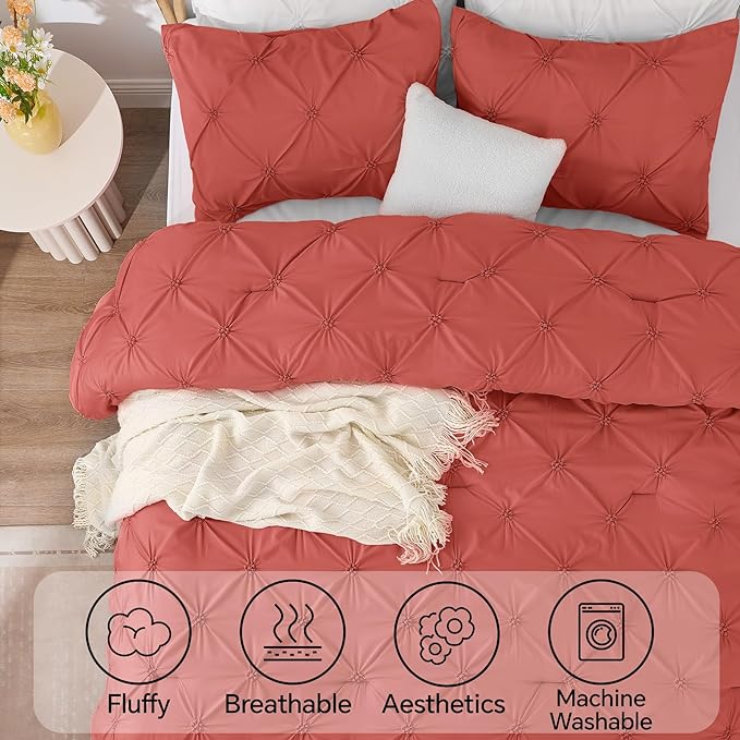BEDELITE Coral Twin Comforter Set - 2 Peices Boho Pintuck Bedding Comforter Sets, Lightweight Soft & Warm Twin Bedding Sets with 1 Pillowcase for All Season