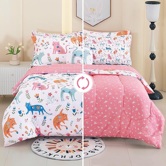 Mooreeke Kids Twin Comforter Sets for Girls 6 Pieces Cute Cat Flower Bedding Set for Teens Microfiber Floral Kids Bed in A Bag with Comforter, Sheet Set, Shams and Decorative Toy Pillow All Season