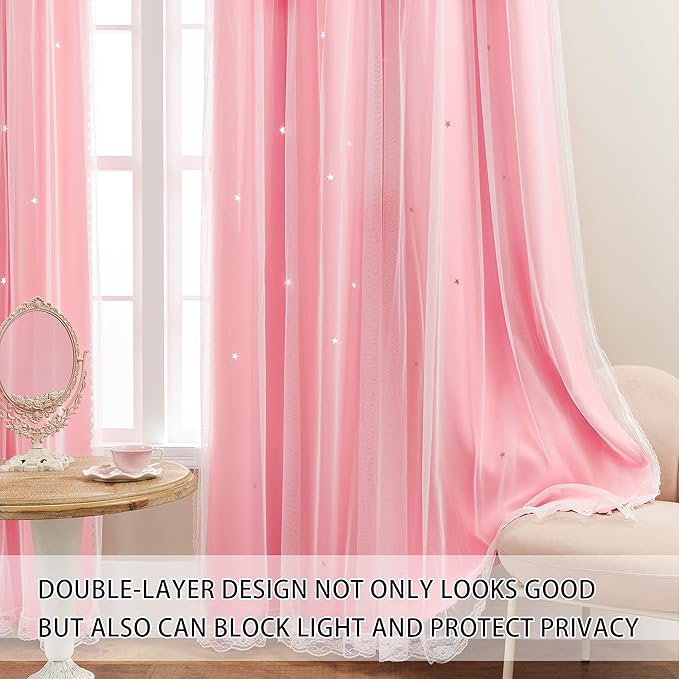 XiDi Pink Curtains for Girls Bedroom 84 Inches Long Blackout Nursery Curtains Double Layer with Sheer Overlay for Kids Toddler Princess Room Grommet Privacy Room Darkening Window Drapes 34 x 84 Inch