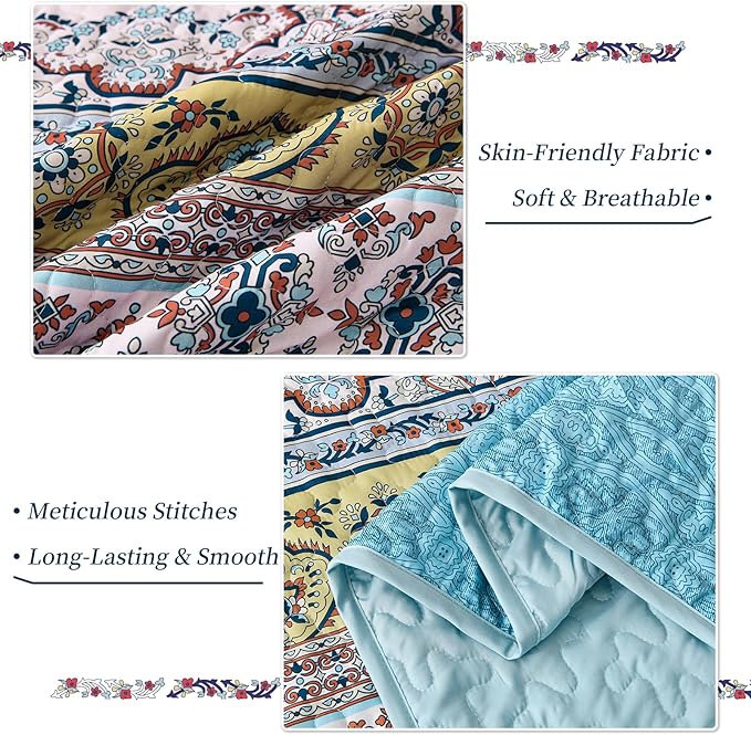 WONGS BEDDING Boho Queen Quilt Set, Pink and Blue Bohemian Quilt Bedding Set, Lightweight Bed Decor Bedspread for All Season Reversible Microfiber Coverlet Bedding Set 96"x90"(3 Pieces)