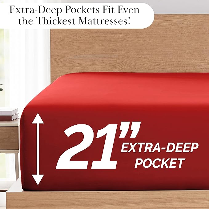 Southshore Fine Living, Inc. Pleated, 4-Piece King Size Sheets Set, 21-Inch Deep Pocket King Sheet Set, 1 Fitted Sheet, 1 Oversized Flat, 2 Red Pillow Cases, Chili Pepper Red Sheets