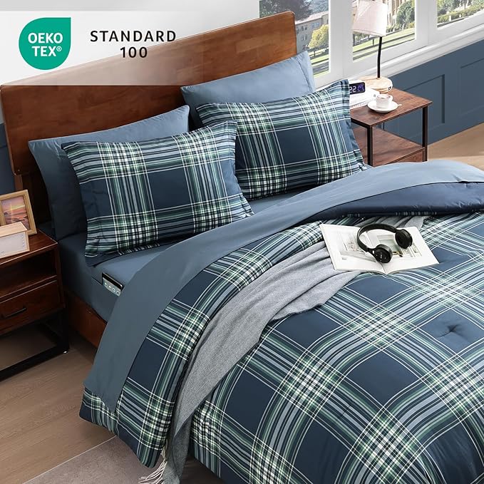 Plaid Twin XL Comforter Set, Midnight Blue Bedding Set 5 Pieces for Boys Girls Teen, Classic Farmhouse Bed in a Bag for Dorm with Sheets, Pillowcase & Sham