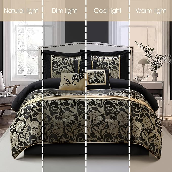 Grand Avenue Jacquard Floral Comforter Set, Luxury, 7 Pieces Full Black Bedding Set, Classic, Matching Pillows & Shams, Bed Skirt, Ultra-Soft, Lightweight Microfiber
