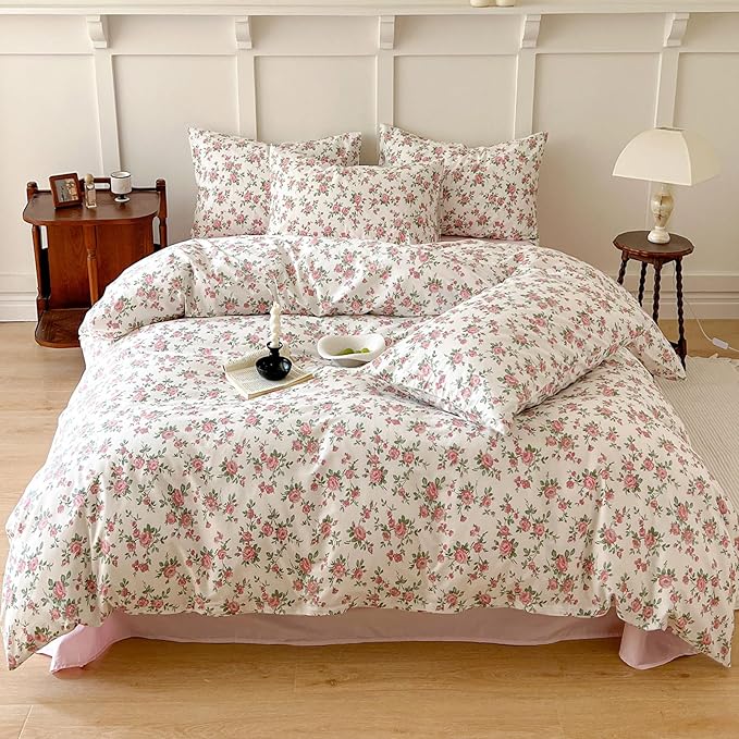 HighBuy Aesthetic Floral Duvet Cover Queen Size 3 Piece Soft Cotton Pink Floral Bedding Set Queen,Garden Coquette Comforter Cover Breathable,Boho Beige Duvet Cover Queen,2 Pillowcases