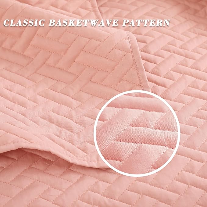 Exclusivo Mezcla Full Queen Size Quilt Bedspreads with Basket Weave Pattern, Soft Lightweight Summer Quilts Bedding Set Coverlets Bed Cover for All Seasons, Blush Pink