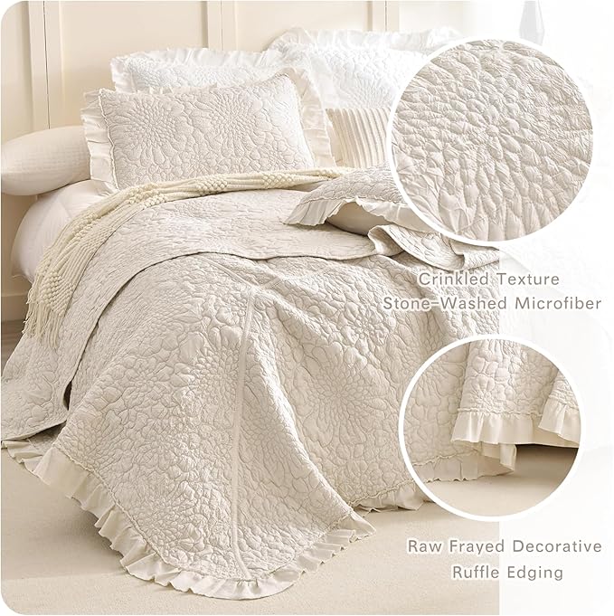 Lady Ann Wheat Oversized King Bedspreads 128x120 for Extra Bed, 3Pcs Stone-Washed Quilt Set Soft Bedding Set, Quilted Crinkled Blanket Farmhouse Rustic Shabby Bedding Covers Chic for All Season