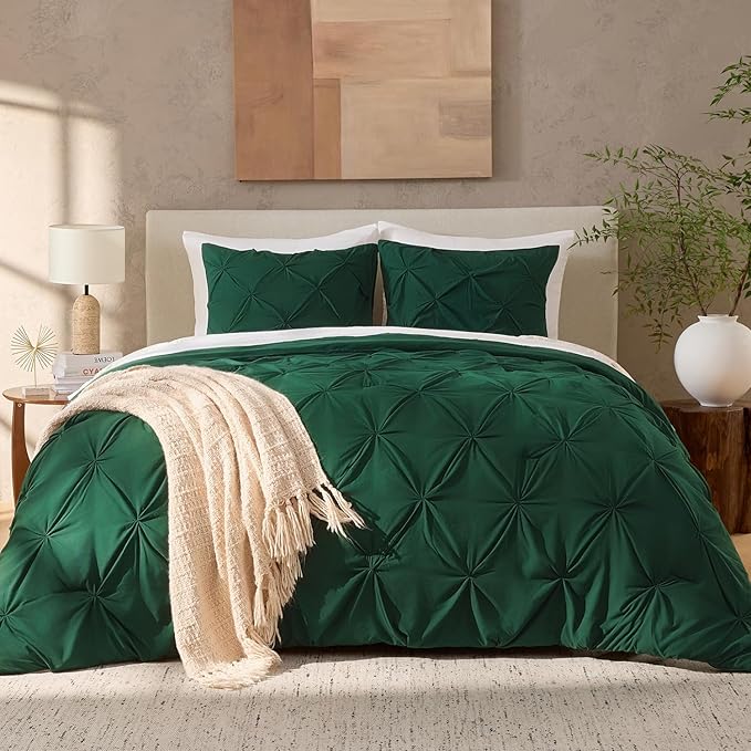 Andency Queen Comforter Set Dark Green, 3 Pieces Pinch Pleat Bedding Comforters & Sets, Pintuck Lightweight Fluffy All Season Bed Set for Women Men Girls(90x90Inch)