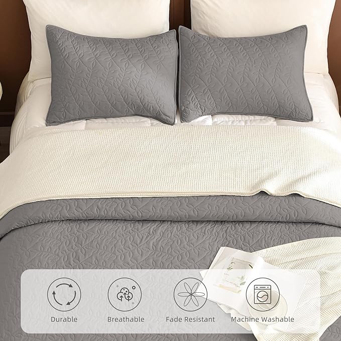 Lady Ann Gray Oversized King Bedspread 120x120, 3Pcs Extra Large Farmhouse Lightweight King Quilt Bedding Set Gray Soft Quilted Leaves Pattern Printed Bedspreads for All Season